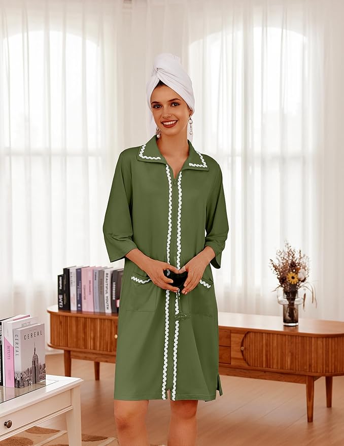 Ekouaer Women Zipper Robe Lightweight House Coat Zipper Front Short Bathrobes Soft Nightgown with Pockets S-3XL