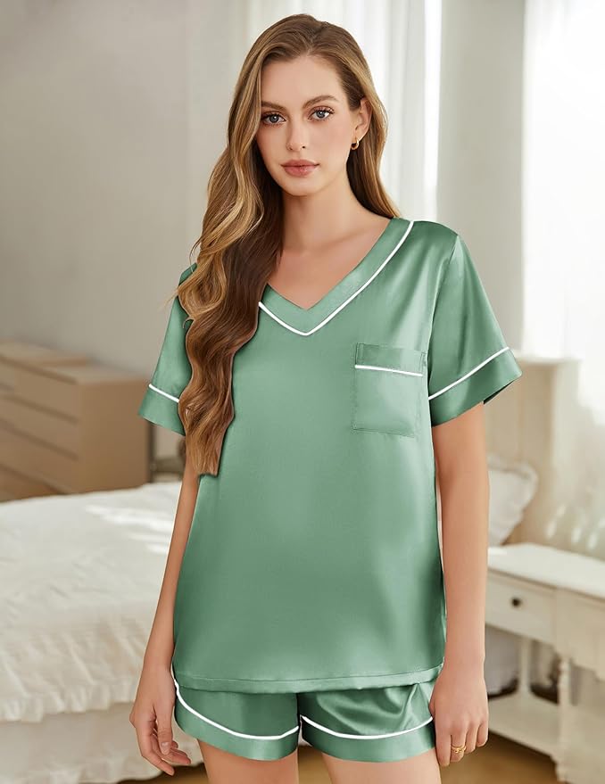 Silk Pajamas for Women Short Sleeve Satin 2 Piece Pj Set Soft V Neck Sleepwear Loungewear, S-XXL