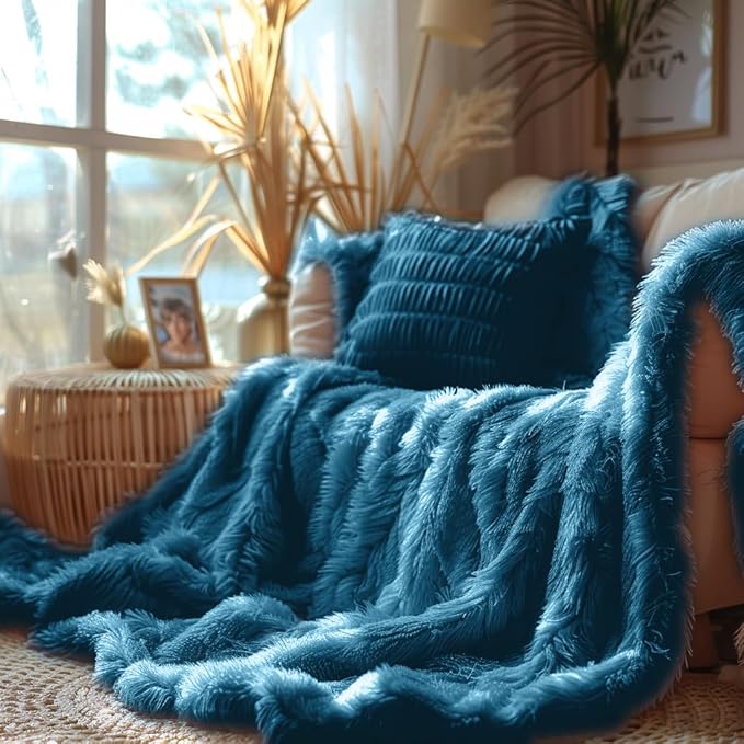 Hyde Lane Dark Teal Fuzzy Throw Blanket for Couch Sofa, Reversible Ultra Soft Faux Fur Throws, Plush Fluffy Blankets | 60x80 Peacock Blue