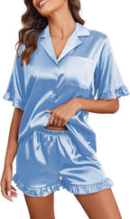 Ekouaer Satin Pajama Set for Women Button Down Silk 2 Piece Pj Sets Ruffle Short Sleeve Sleepwear