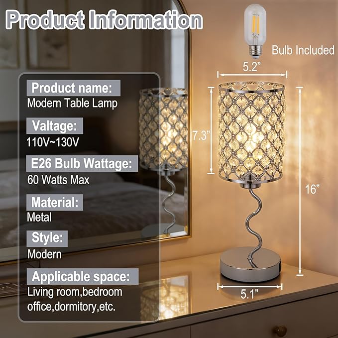 EOEYYOYB Crystal Table Lamp with 3 Way Dimmable Touch Control, Nightstand with USB A+C Ports, Modern Bedside Touch Lamp for Bedroom, Living Room, Office Reading, Silver