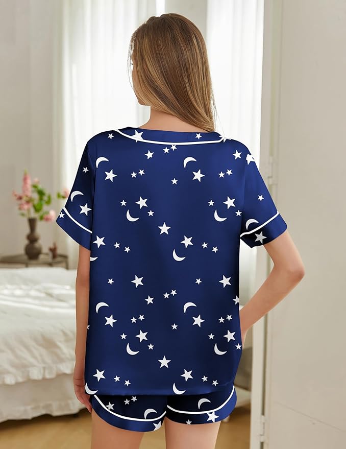 Silk Pajamas for Women Short Sleeve Satin 2 Piece Pj Set Soft V Neck Sleepwear Loungewear, S-XXL