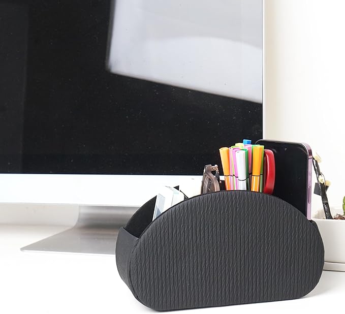 QIELIZI Remote Control Holder, PU Leather Remote Caddy Desktop Organizer with 5 Spacious Compartments for TV Remotes/Media Controllers/Office Supplies (1-Wood Black