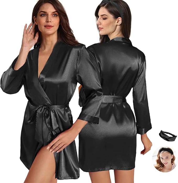 WJing Yi Jia 2Pcs Womens Floral Kimono Robe Silk Robes Bride Bridesmaid Satin Robes Bridal Dressing Gown Silky Bathrobe
