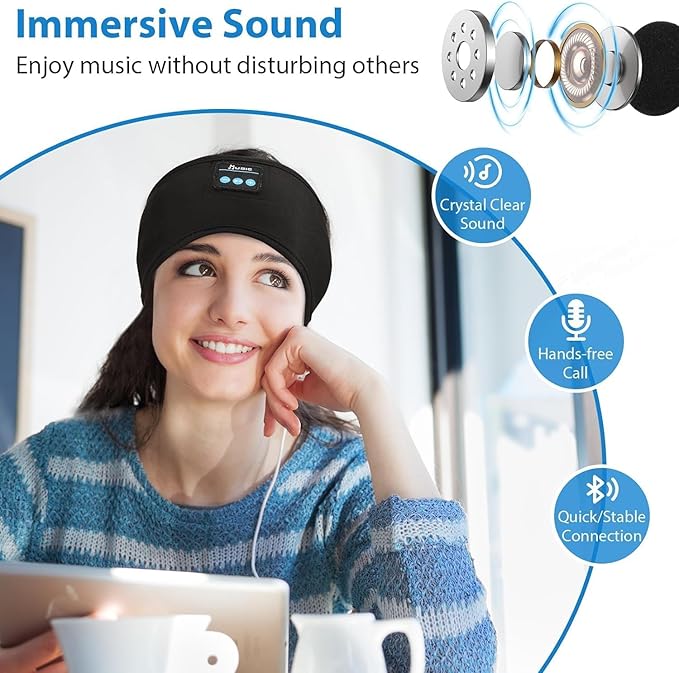 Adjustable Headband Headphones, Sleeping Headphones with Ultra-Thin Speakers, Wireless Headband for Side Sleepers, Yoga, Running, Workout, Travel-Black