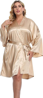 Women's Plus Size Short Silky Bathrobes Satin Kimono Robes Bride Bridesmaid Loungewear Soft Nightgown