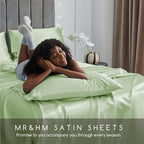 MR&HM Satin Bed Sheets with Elastic Corner Straps, Queen Size Sheets Set, 4 Pcs Silky Bedding Set with 15 Inches Deep Pocket for Mattress (Queen, Light Sage)