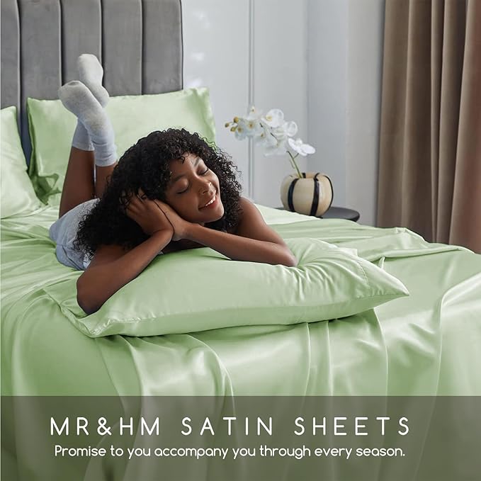 MR&HM Satin Bed Sheets with Elastic Corner Straps, Full Size Sheets Set, 4 Pcs Silky Bedding Set with 15 Inches Deep Pocket for Mattress (Full, Light Sage)