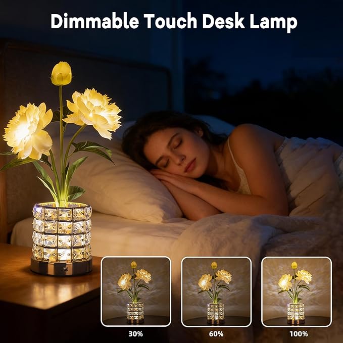 Flower Table Lamp, Orchid Flower with Crystal Vase Lamp, Cordless Touch Desk Light, 3 Colors Dimming & Rechargeable, Small Night Light for Bedroom Home, Romantic Gifts for Girl Women (Peony-White)