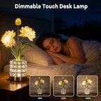 Flower Table Lamp, Orchid Flower with Crystal Vase Lamp, Cordless Touch Desk Light, 3 Colors Dimming & Rechargeable, Small Night Light for Bedroom Home, Romantic Gifts for Girl Women (Peony-White)