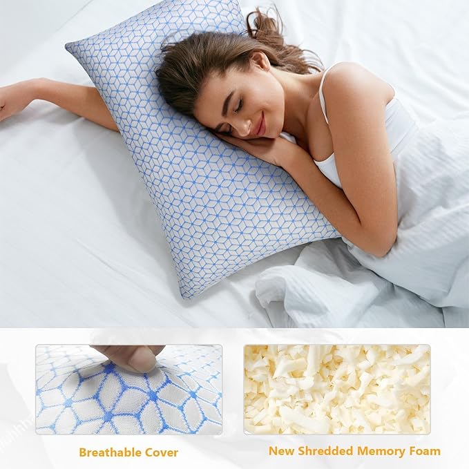Love Attitude Bed Pillow King Size 1 Pack, Shredded Memory Foam Pillow Adjustable, Cooling Pillow Soft and Supportive for Side Back Stomach Sleepers