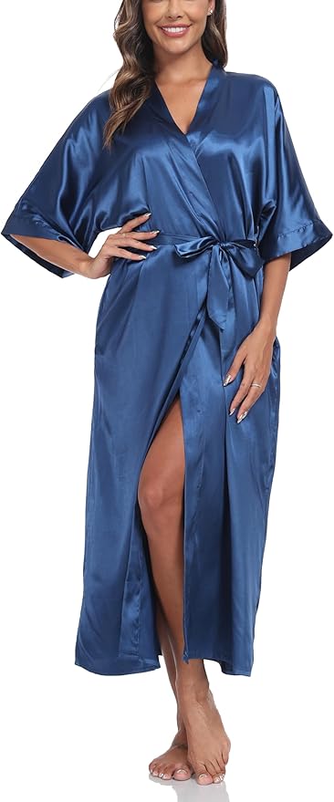 Women's Silk Robes Soft Long Satin Kimono Bathrobe Bride Bridesmaid Wedding Party Robes Sexy Sleepwear with Pockets