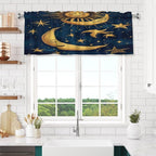 Whimsical Golden Sun, Moon, Stars Night Curtain Valance Peach Skin Velvet Printed Window Valance with Rod Pocket Light Filtering for Kitchen Bathroom 54x18in