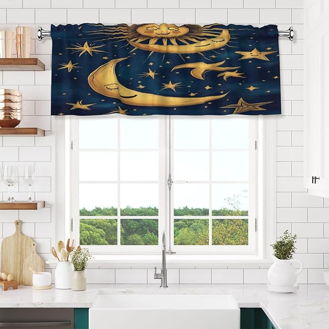 Whimsical Golden Sun, Moon, Stars Night Curtain Valance Peach Skin Velvet Printed Window Valance with Rod Pocket Light Filtering for Kitchen Bathroom 54x18in