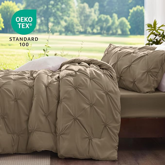 BEDELITE Light Brown Queen Comforter Set - 3 Pieces Boho Pintuck Bedding Comforter Sets, Lightweight Soft & Warm Bed Comforter Queen with 2 Pillowcases for All Season