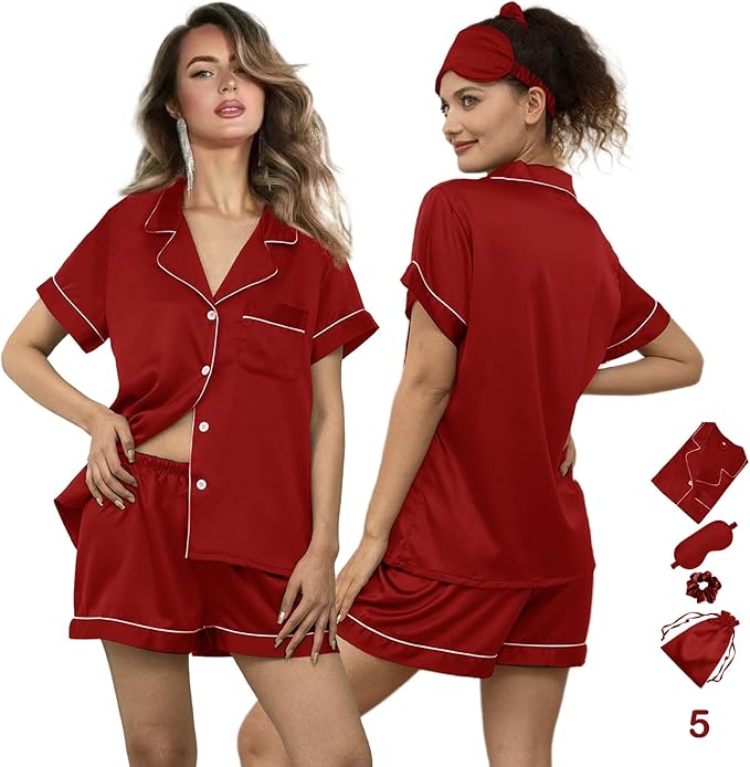 WJing Yi Jia 5Pcs Womens Soft Satin Pajama Set XS-4XL Button-Down Silk Pajamas Floral Sleepwear Bridal Pjs Lounge Pj Sets