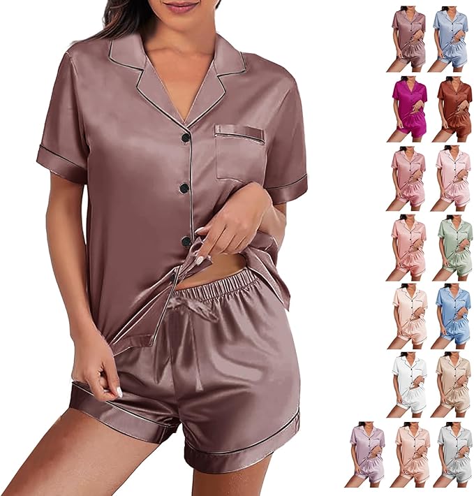 WJing Yi Jia Womens Silk Satin Pajamas Loungewear Two-Piece Sleepwear Button-Down Floral Pj Set XS-4XL