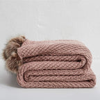 vctops Fur Pom Pom Knit Throw Blanket Super Soft Warm Cozy Cable Knitted Blanket for Sofa and Couch 51 x 63 Inch Light Coffee
