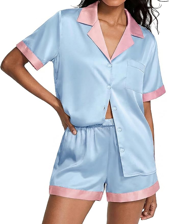 Ekouaer Womens Silk Satin Pajamas Set Short Sleeve Sleepwear Button Down Loungewear 2 Piece Pjs Shorts Set