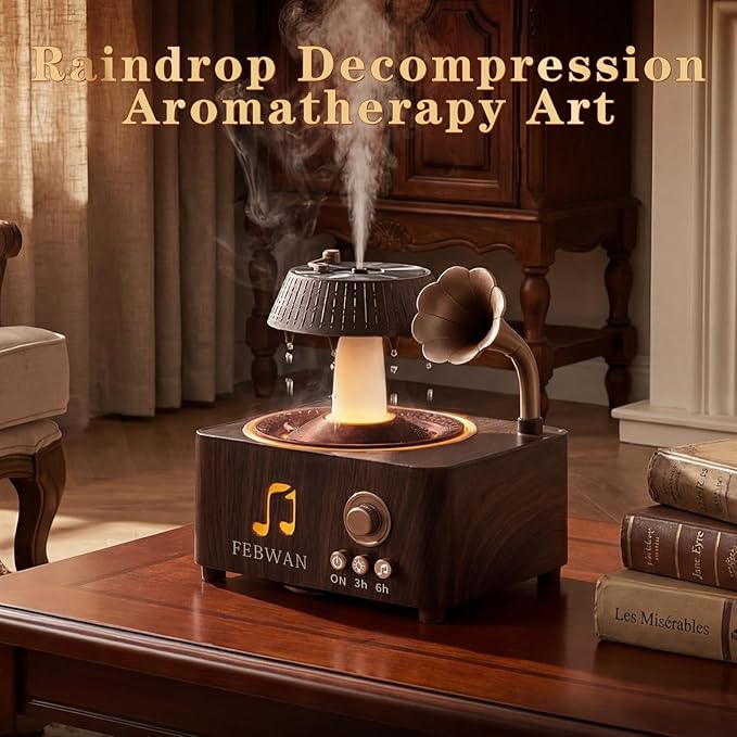 Rotating Water Droplet Aromatherapy Diffuser, Vintage Record Player Essential Oil Diffuser with Bluetooth Speaker, Ultrasonic Humidifier, Colorful Lights, Timer, Remote Control, 250ml, Gift