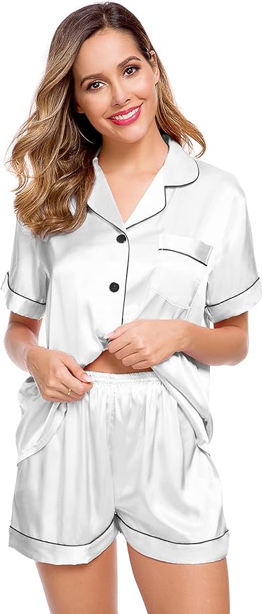 LecGee Womens Silk Satin Pajamas Short Sleeve Loungewear Two-Piece Sleepwear Button-Down Pj Set