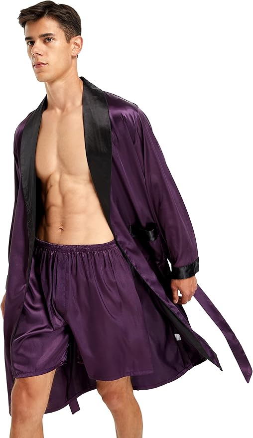 Tony & Candice Men's Satin Robe Lightweight Long Sleeve Silk Kimono Bathrobe with Shorts Set Sleepwear