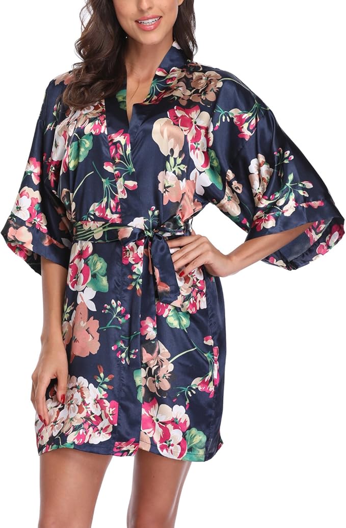 Women's Floral Satin Robes Bride Bridesmaid Getting Ready Robe Short Silky Kimono Sleepwear for Wedding Party