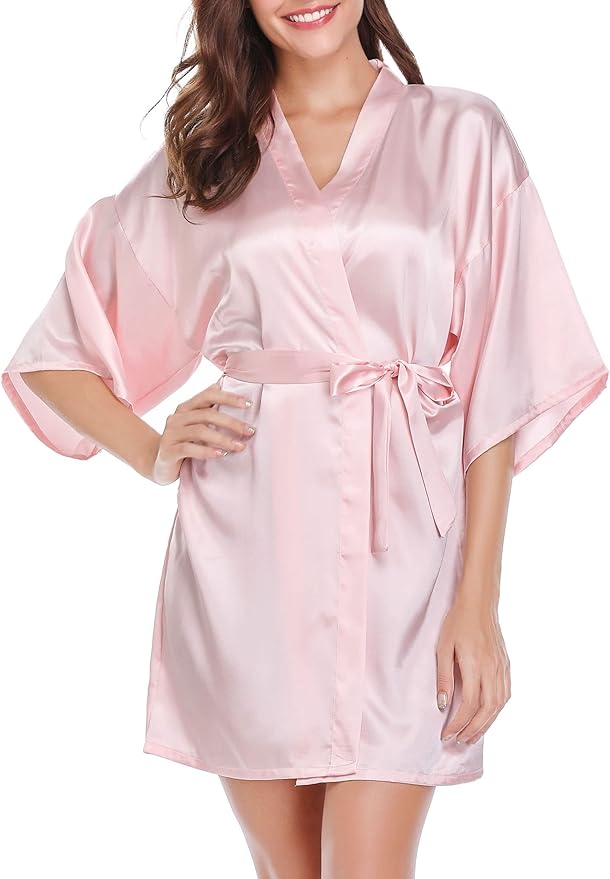 Vlazom Womens Kimono Robes Dressing Gown Satin Bathrobe Nightdress Short Style Bridal Robe