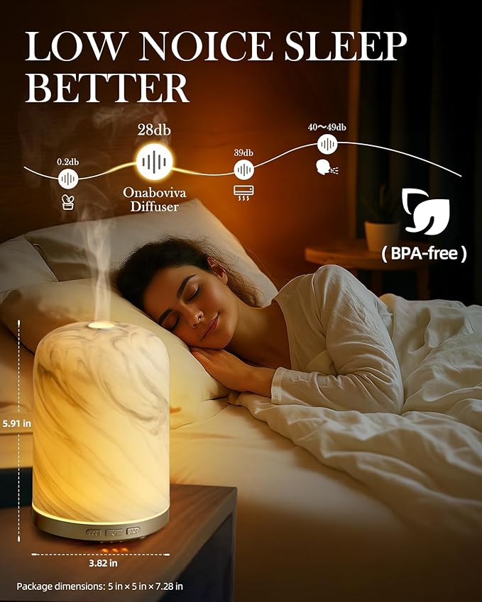 Onaboviva Essential Oil Diffuser - 2.4MHz Ultrasonic Ceramic Diffuser for Home, 120ml, Pulse&Continuous Mist, Bright/Dim/Breathing Lighting, Waterless Auto-Off, Aromatherapy Diffuser with USB Cable