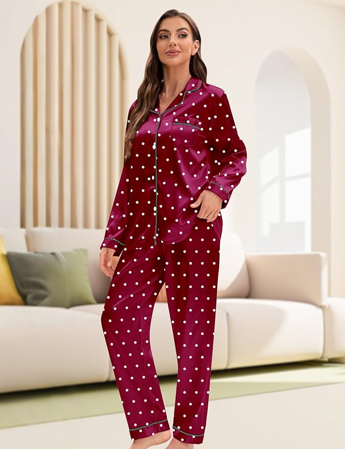 EPLAZA Silk Pajamas for Women Satin Pajamas Set 5 Pcs Long Sleeve Print Pattern Button Down Pjs Sleepwear Loungewear Set