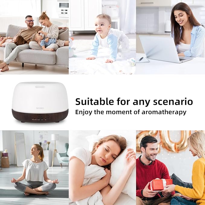 SEEDSEEL 300ML Essential Oil Diffuser, Small Aromatherapy Diffuser with Remote Control, 7-Color LED Light,4 Timer, Quiet,Auto-Off, Easy to Use,for Home,Bedroom,Office