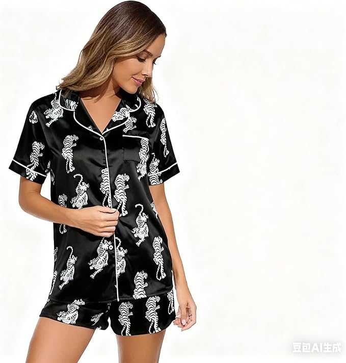 ASTANFY Silk Satin Pajama Set Womens Silk Satin 2 Piece Pjs Shorts Sleepwear Christmas Button Down Shirt Bride Pj Lounge Sets