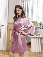 WJing Yi Jia Womens Satin Kimono Robe Silky Robes Floral Bathrobe Bride Bridesmaid Wedding Bridal Dressing Gown Loungewear