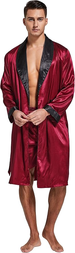 Tony & Candice Men's Satin Robe Lightweight Long Sleeve Silk Kimono Bathrobe with Shorts Set Sleepwear