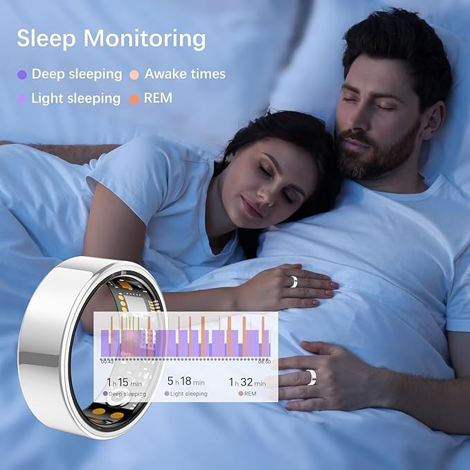 Ring Health Tracker for Women Men, Fit Ring with Heart Rate,Blood Oxygen,Sleep Monitor,Calories, Step Counter, IP68 Waterproof Smart Ring for iPhone & Android, No Subscription Fee (Silver, 7#)