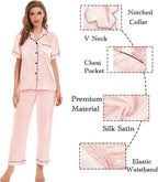 SWOMOG Women Satin Pajamas Set Short Sleeve Top & Pants Sleepwear Silky Button Down Nightwear 2pcs Loungewear Pjs Set