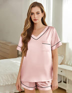 Silk Pajamas for Women Short Sleeve Satin 2 Piece Pj Set Soft V Neck Sleepwear Loungewear, S-XXL