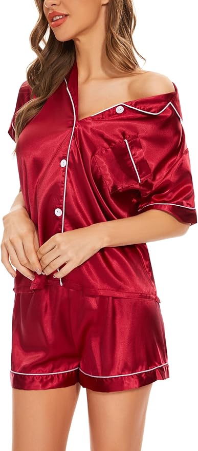 Women's Silk Pajama Set Short Sleeve Sleepwear Satin Button Down Pj Tops and Shorts 2 Piece Loungewear