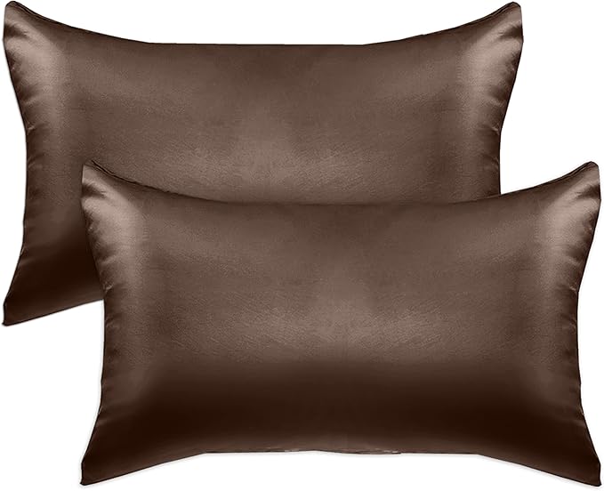 Elegant Comfort 2-PACK Cooling Viscose Satin Pillowcase Set with Hidden Zipper closure, Silky Smooth for Hair and Skin Care-Beautiful Gift Box-2-Piece Satin Pillowcases, Standard/Queen,Chocolate Brown