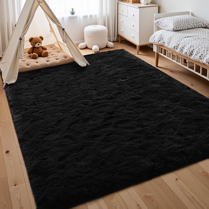 Macgace Fluffy Area Rugs for Bedroom Decor Aesthetic, 4x6 Black Shag Rug with Non-Slip Dots for Living Room, Furry Plush Mat Washable Fuzzy Carpet Modern Home Decor for Kids Nursery Boys Room