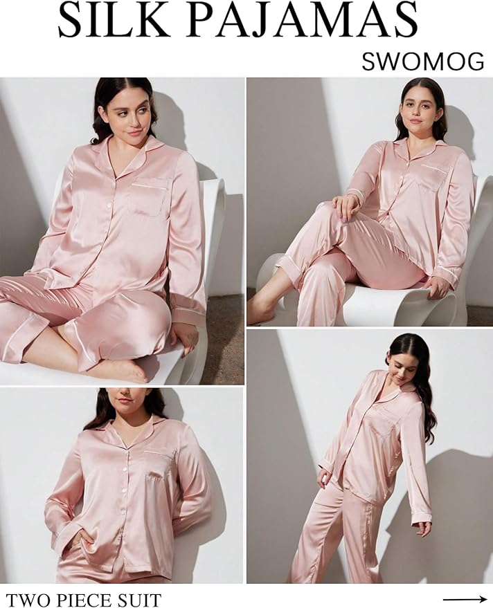 SWOMOG Long Sleeve Pajamas Set Silk Satin Sleepwear Button Down Pjs Loungewear with Pocket