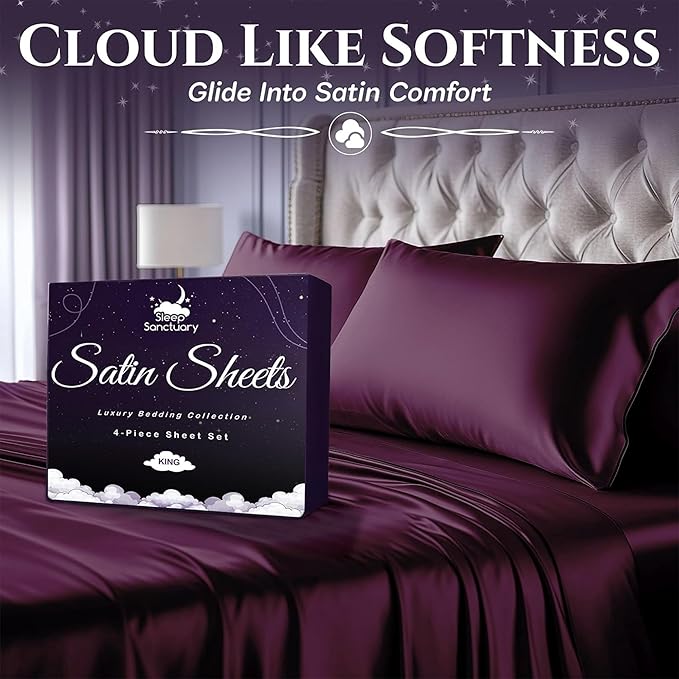 SLEEP SANCTUARY Satin Sheets Full Size – 4 Piece Luxury Silky Bed Set, Softer Than Silk, 15" Deep Pocket, Cooling & Wrinkle-Free, Moisture-Wicking & Breathable for Hair & Skin (Rosewood)