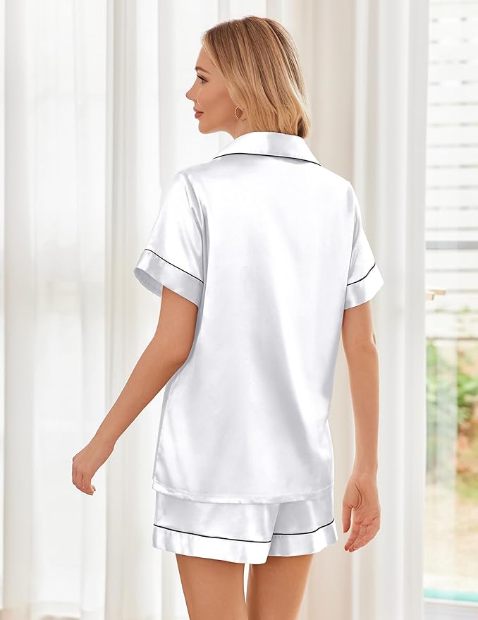 Ekouaer Womens Silk Satin Pajama Sets Soft Short Sleeve Button Down Sleepwear Top and Shorts 2 Piece Pjs Lounge Set