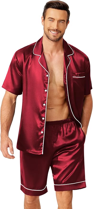 Ekouaer Mens Pajamas Set Silk Satin Sleepwear Short Sleeve Button Down Pjs Set 2 Piece Loungewear with Pockets S-XXL