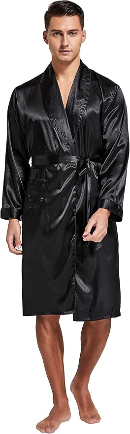 Tony & Candice Men's Satin Robe Lightweight Long Sleeve Silk Kimono Bathrobe with Shorts Set Sleepwear