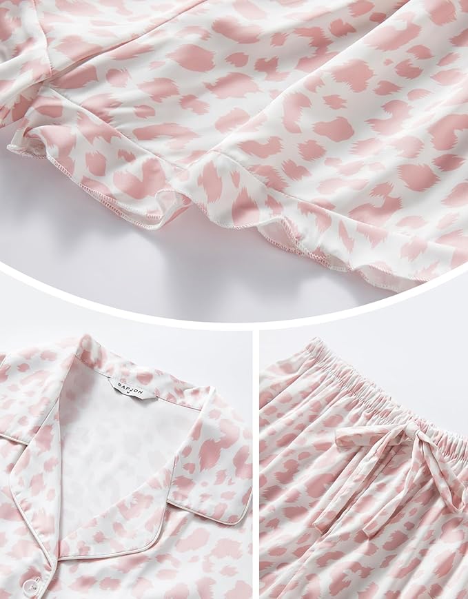 SAPJON Silk Pajamas for Women Set 4Pcs Ruffled Satin Pajamas Set Button Down Short Sleeve Cami Shorts Sleepwear Pj Set