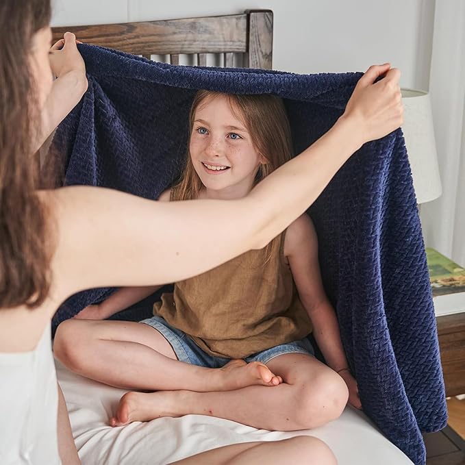 Waffle Knit Textured Throw Blanket Soft for Couch, Sofa, Twin Bed, Kids, Adults, 50” x 60” Chenille Knit Blanket, Boho Throw Blanket for Home Decor 250 GSM (Navy Blue)
