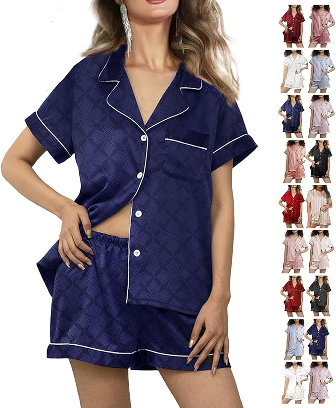 WJing Yi Jia Womens Silk Satin Pajamas Loungewear Two-Piece Sleepwear Button-Down Floral Pj Set XS-4XL