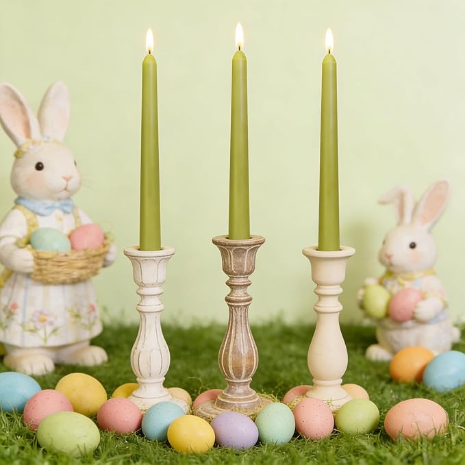 12-Pack Olive Green Taper Candles, 10 Inch Unscented Dripless Candlesticks, Long-Lasting Burn Time of 7-8 Hours, Perfect for Christmas Home Décor Spring and St. Patrick's Day