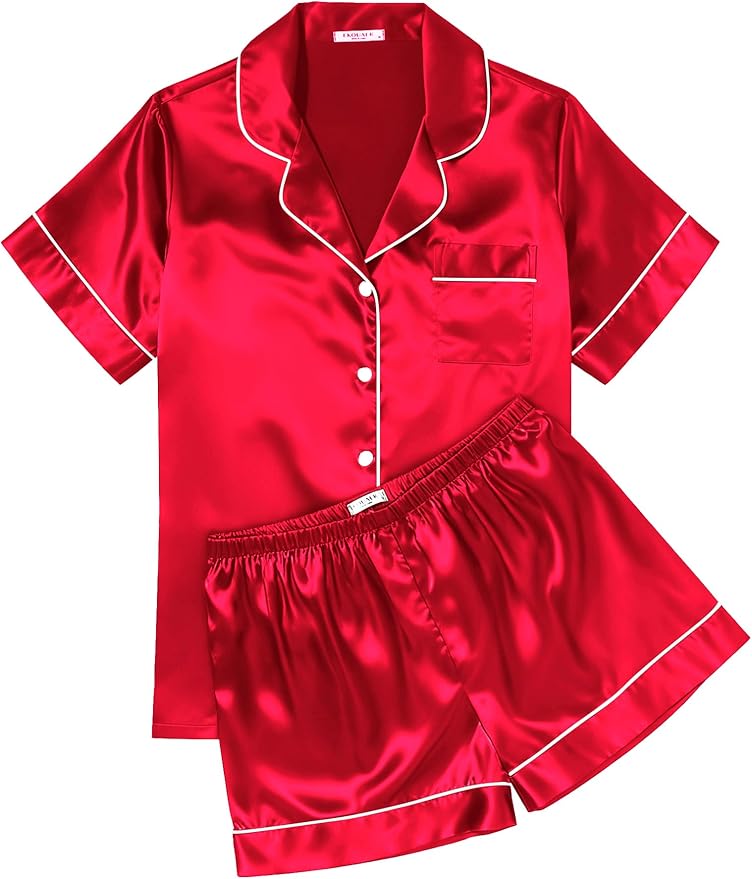 Ekouaer Womens Silk Satin Pajama Sets Soft Short Sleeve Button Down Sleepwear Top and Shorts 2 Piece Pjs Lounge Set